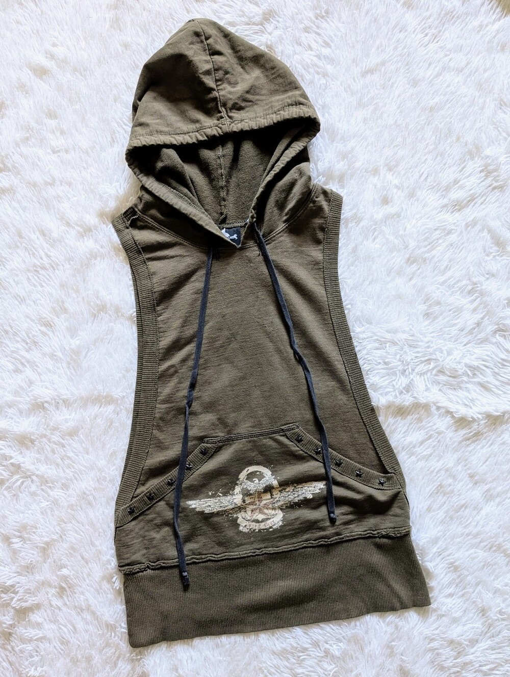 Y2K Lip Service Army Green Open Arm Sleeveless Military Grunge Tunic Hoodie Top